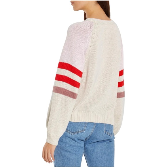 XiRENA Apres Sun Cream Beige Pink Striped Sleeve Loose Fit Cotton Knit Sweater - Picture 6 of 11